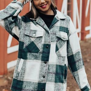 NEW Cozy Retro 70's Flannel Plaid Shacket Top Jacket Black Green White Navy Blue